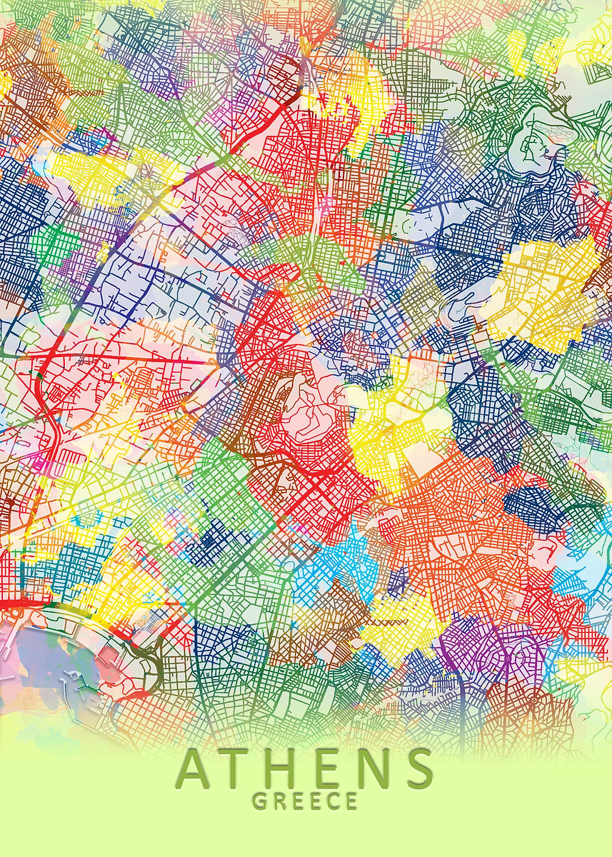 'Athens Splash City Map' Poster, picture, metal print, paint by City ...