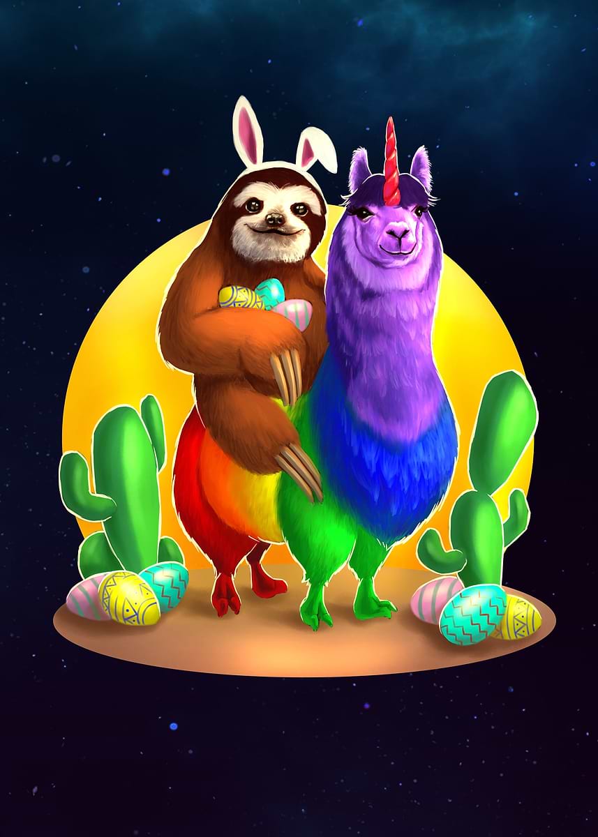 Sloth Riding Lama 'Bunny Sloth Riding Llama' Poster, picture, metal print, paint by Jay ...