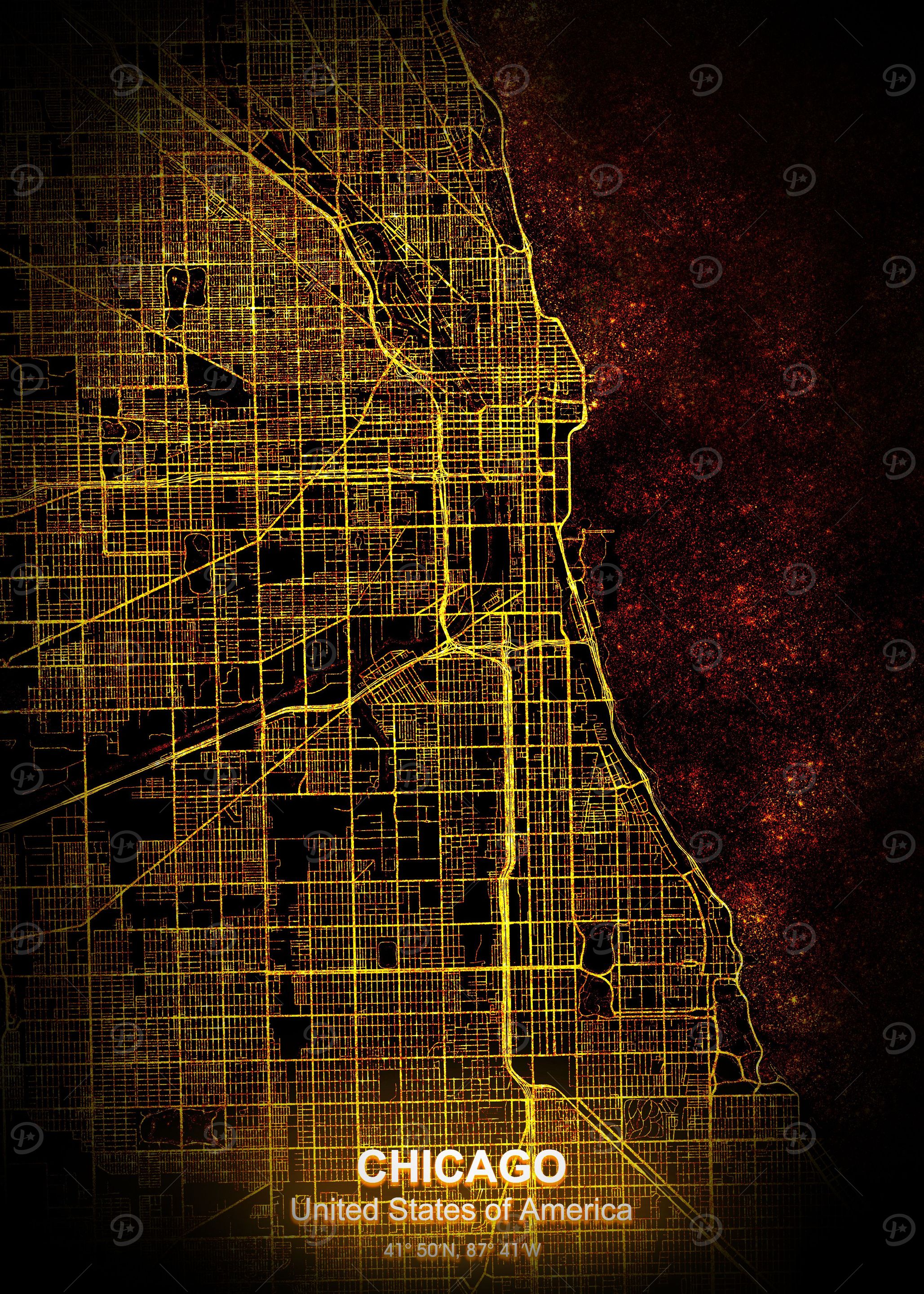 'chicago city night map' Poster, picture, metal print, paint by Project ...