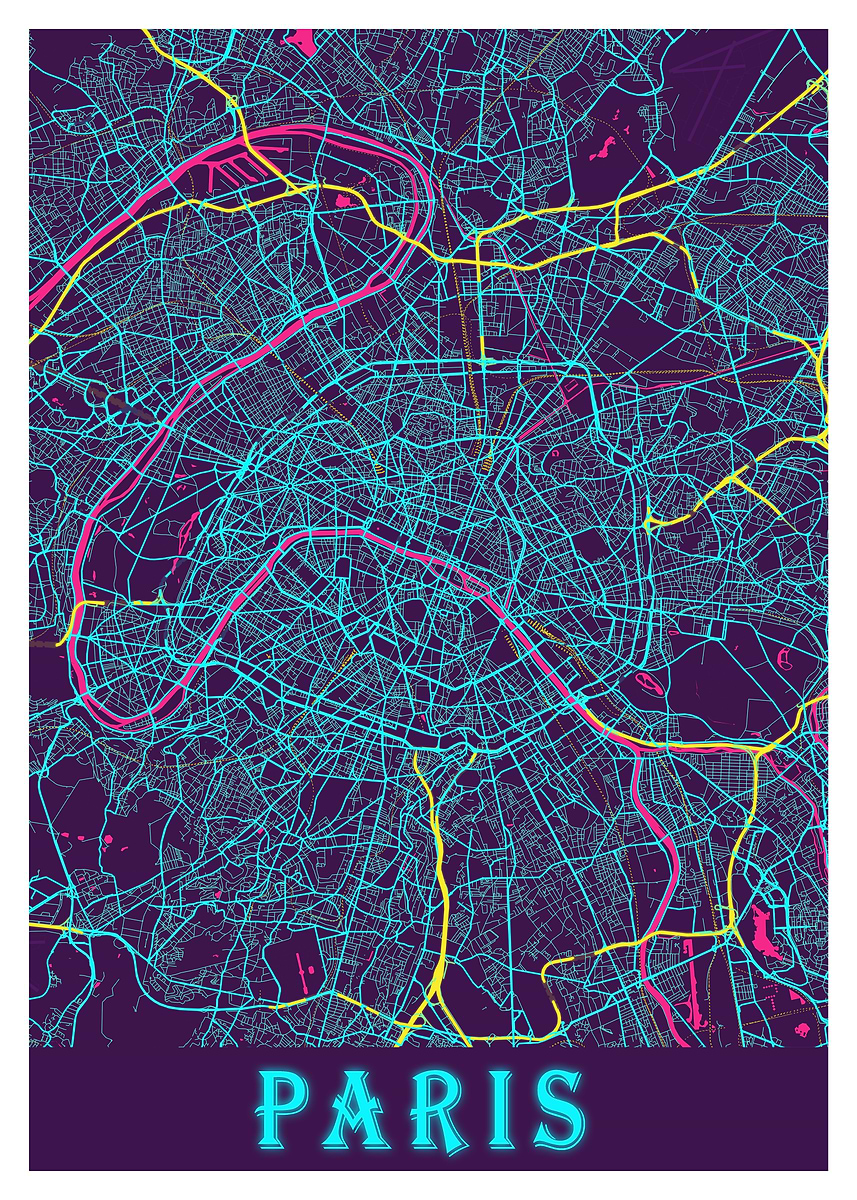 'Paris Neon City Map' Poster, picture, metal print, paint by Tien ...
