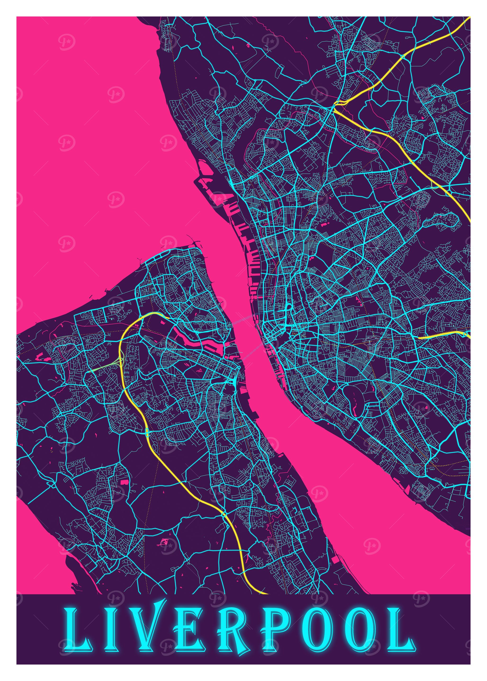 Liverpool Light Map 'Liverpool Neon City Map' Poster, picture, metal print, paint by Tien ...