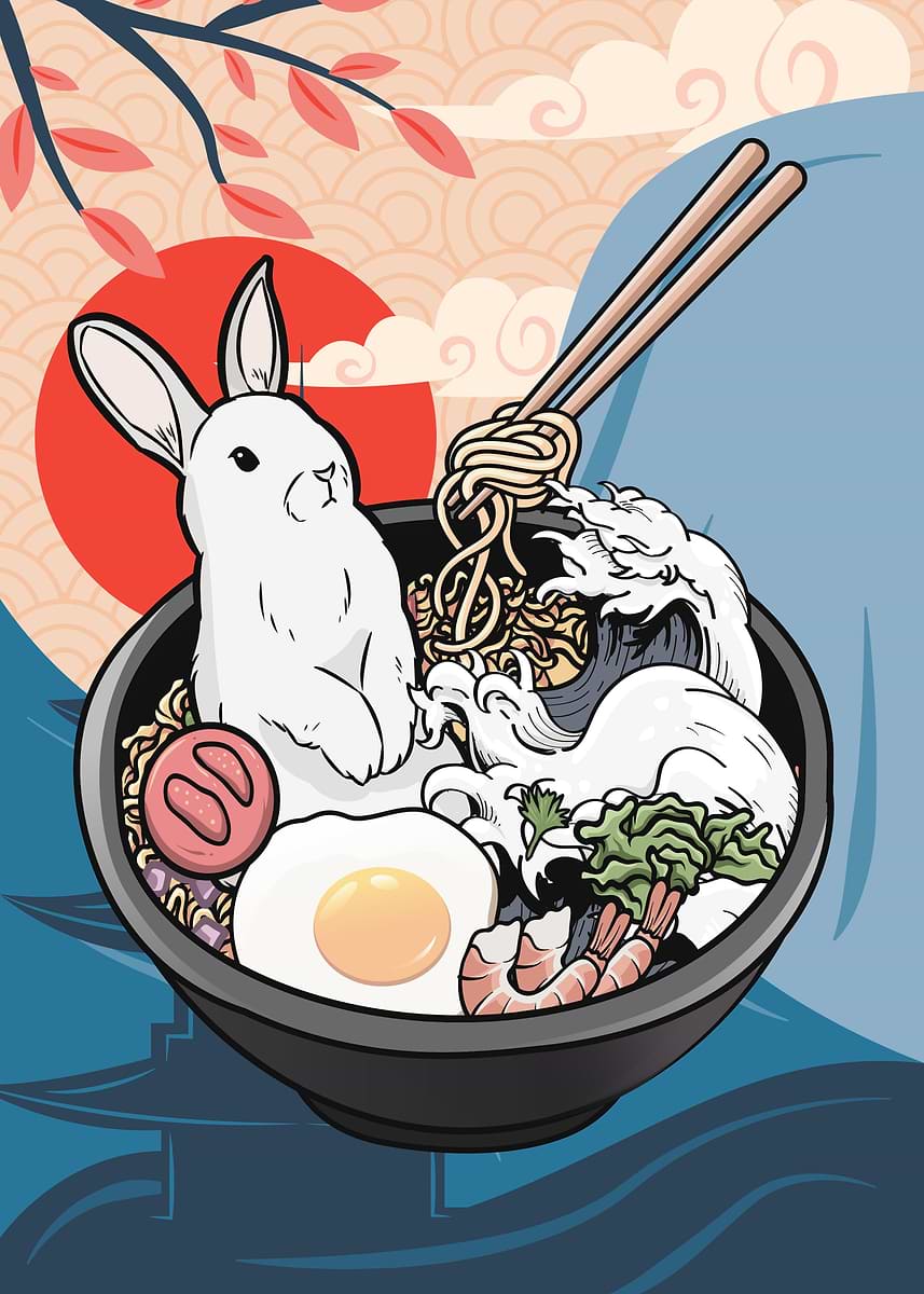 'Rabbit Ramen Japanese Soup' Poster, picture, metal print, paint by ...