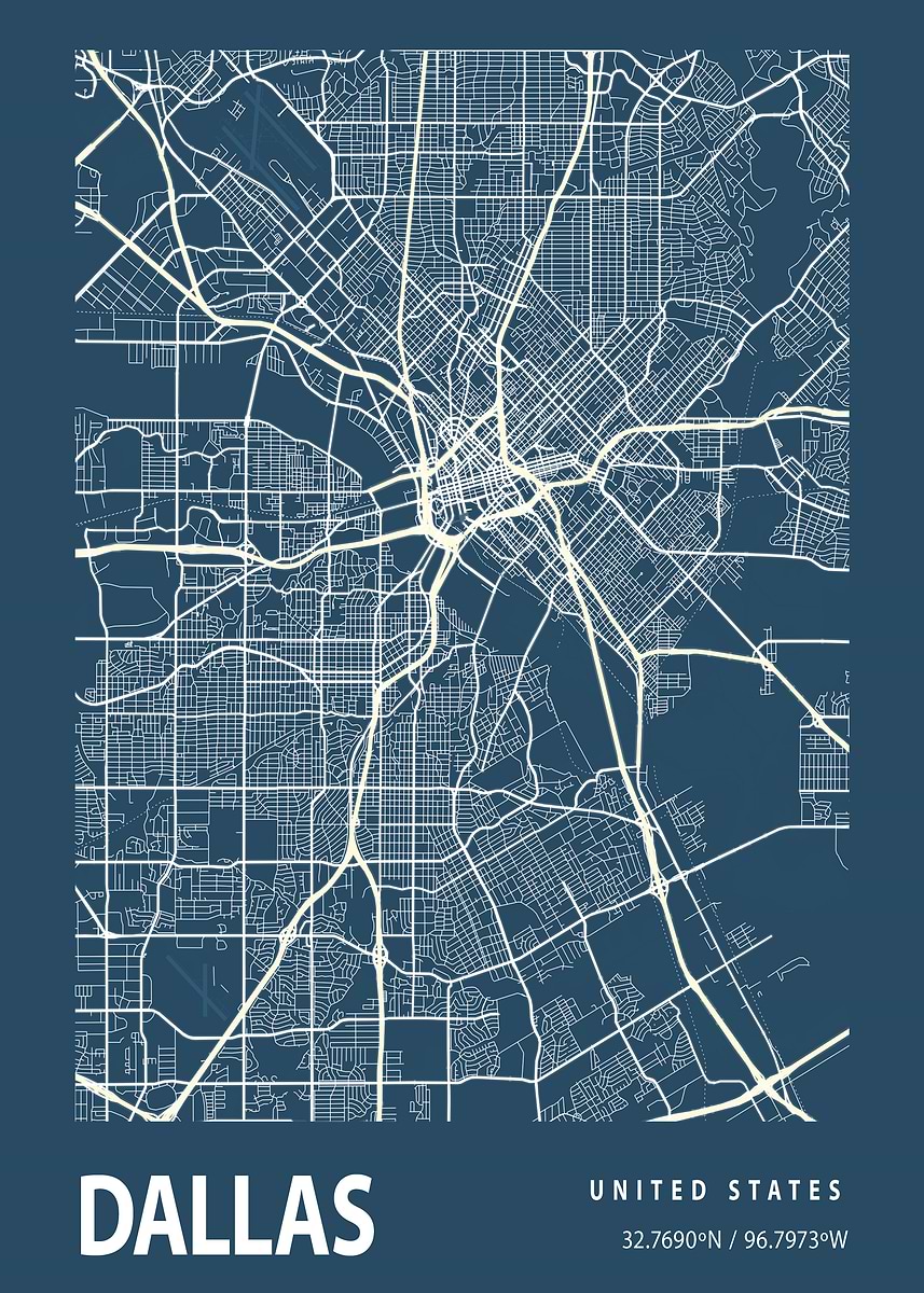 'Blueprint map Dallas' Poster, picture, metal print, paint by ...