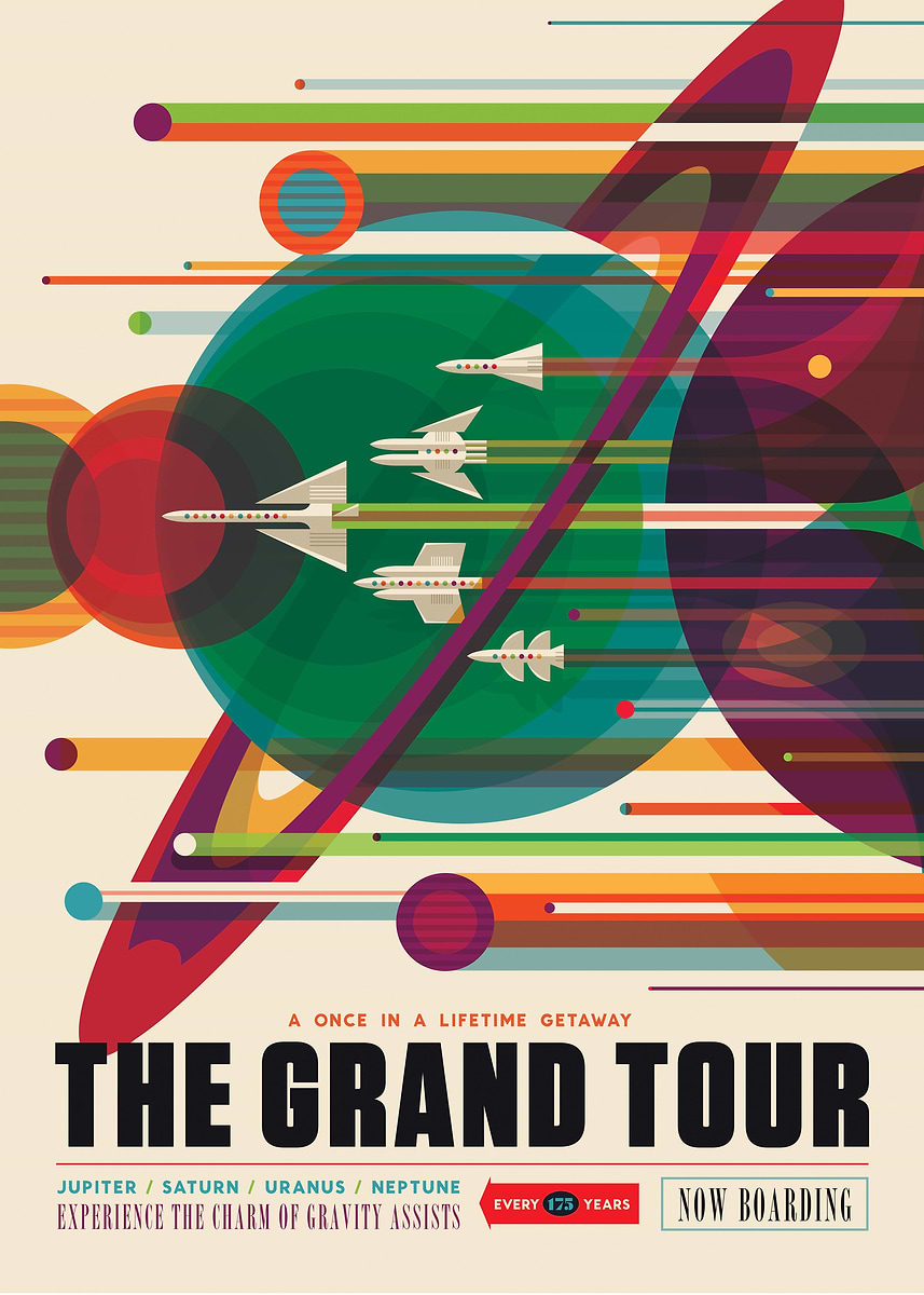 The Grand Tour is a stunning vintage poster that invites viewers to embark on a retro-futuristic space tourism adventure.