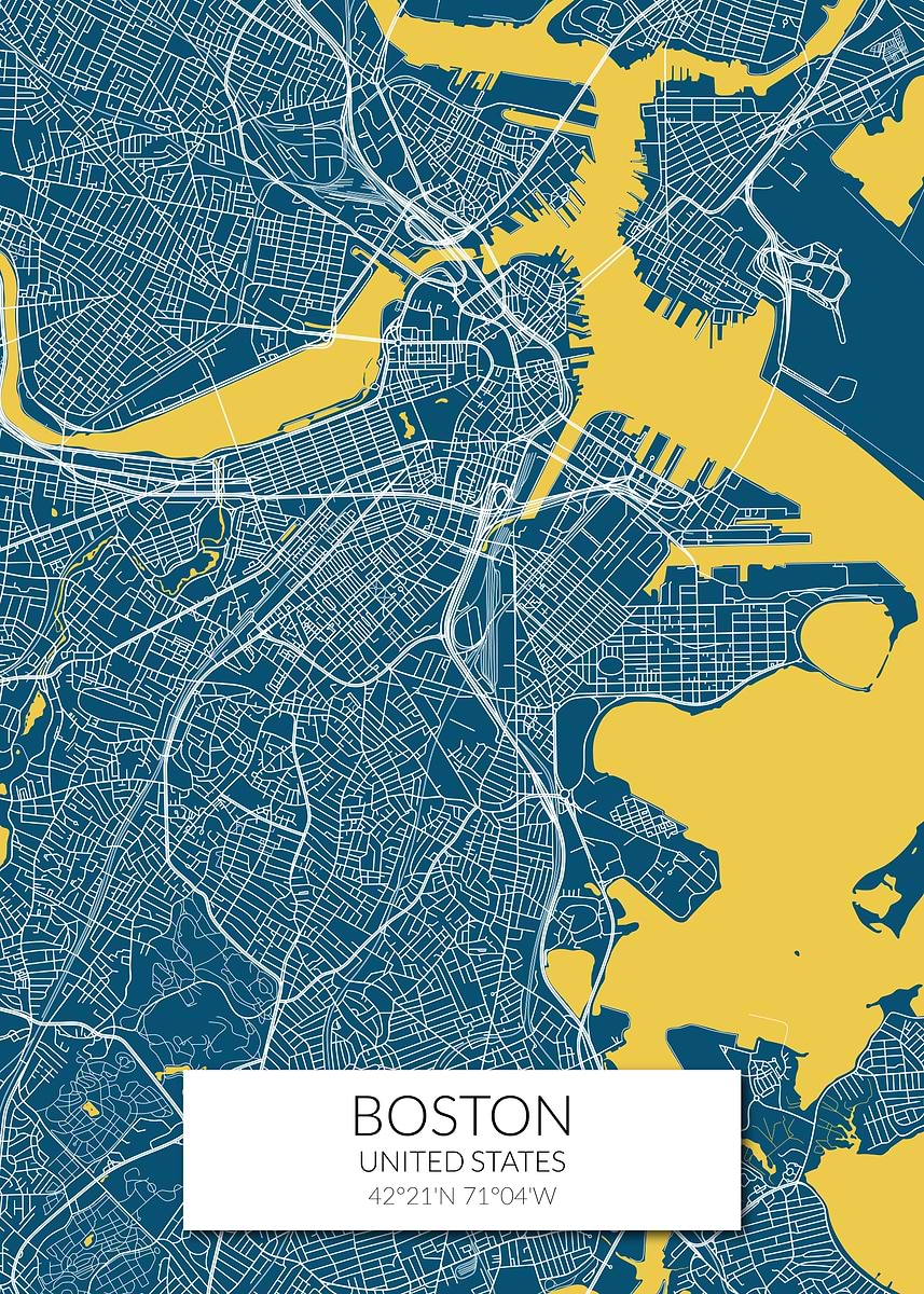 'Boston Map Blue Yellow' Poster, picture, metal print, paint by ...