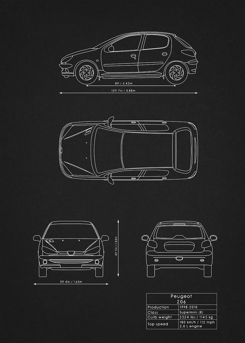 Peugeot 206 blueprint' Poster, picture, metal print, paint by