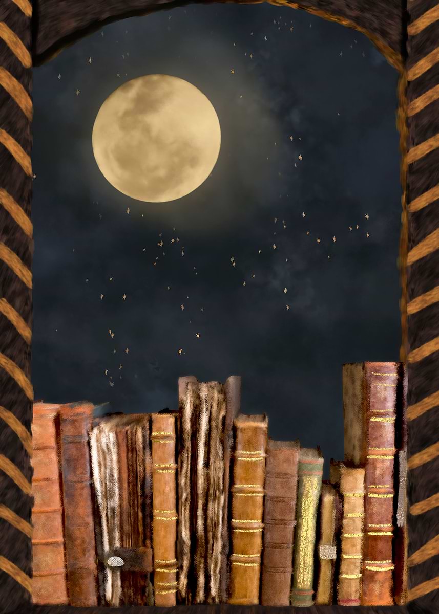 ' Antique Library with Moon' Poster, picture, metal print, paint by ...
