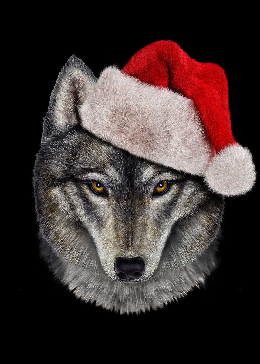 Three Santa Wolves 'Santa Wolf' Poster, picture, metal print, paint by Jeff | Displate