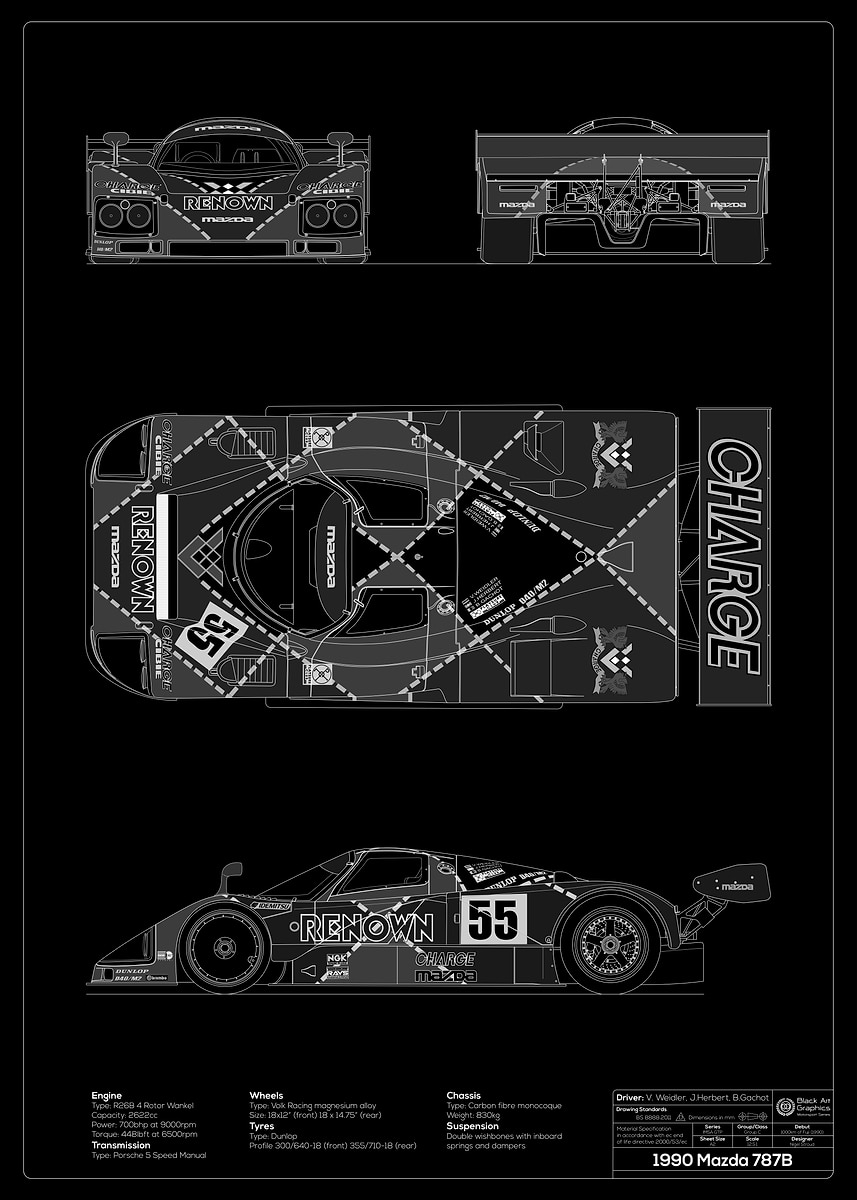 Mazda 787B Blueprint' Poster, picture, metal print, paint by