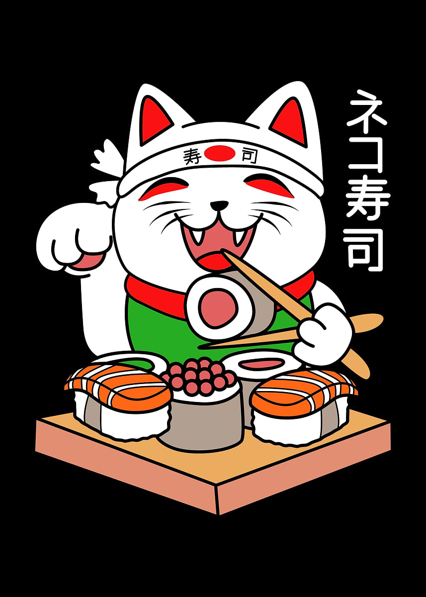 Japan Cat Eating Sushi' Poster, picture, metal print, paint
