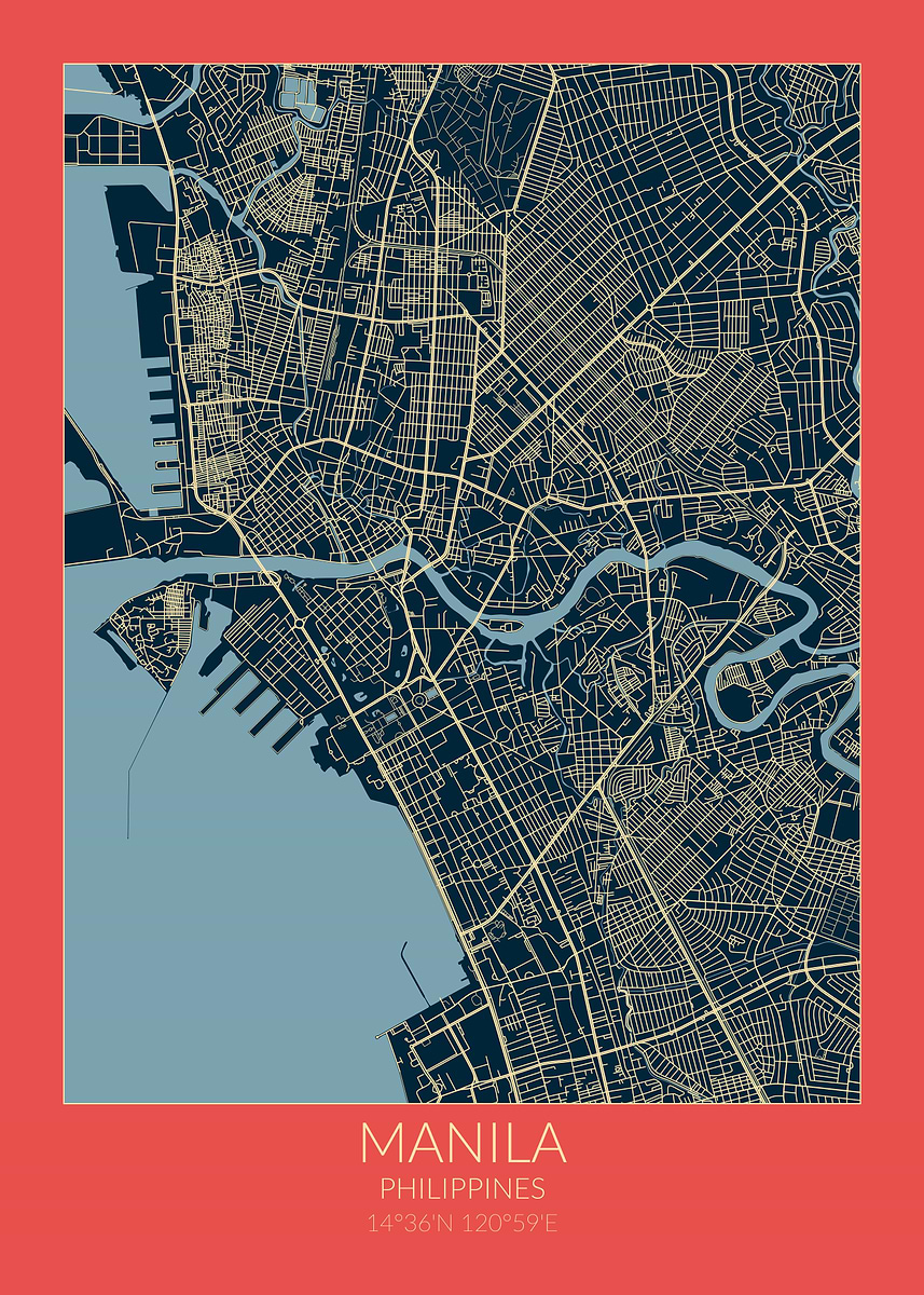 Color Manila Map 'Manila Map Red Blue' Poster, picture, metal print, paint by dkDesign ...