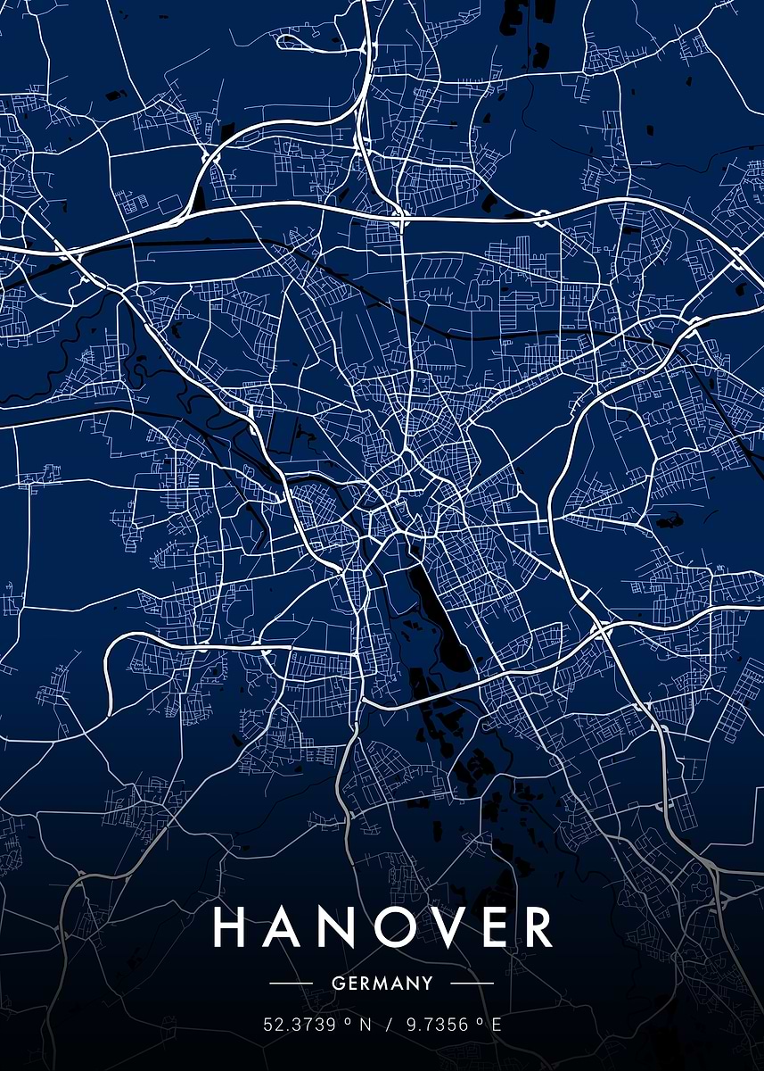 'Hanover City Map Blue' Poster, picture, metal print, paint by MVDZ ...