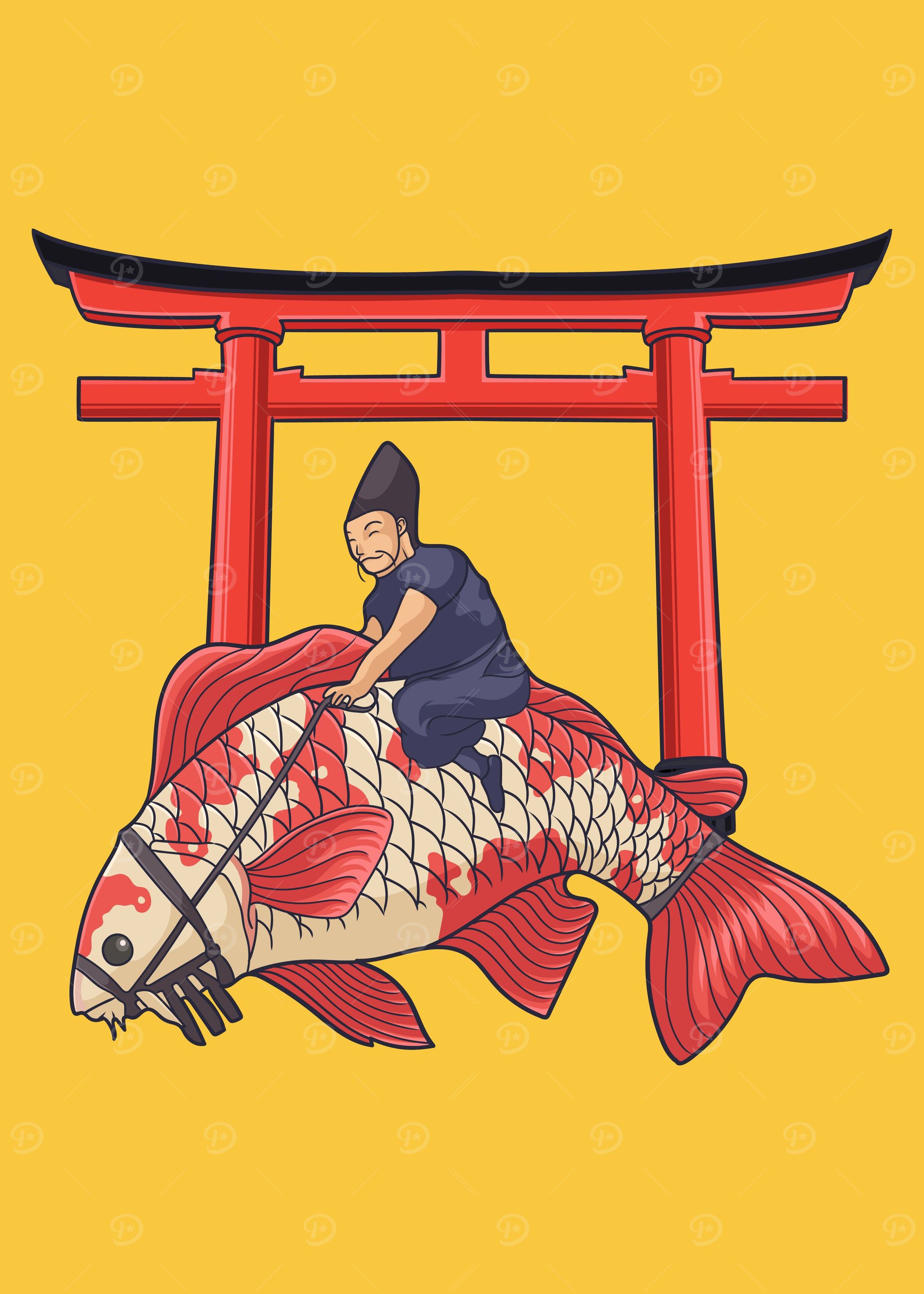 Man riding japanese koi' Poster, picture, metal print, paint by