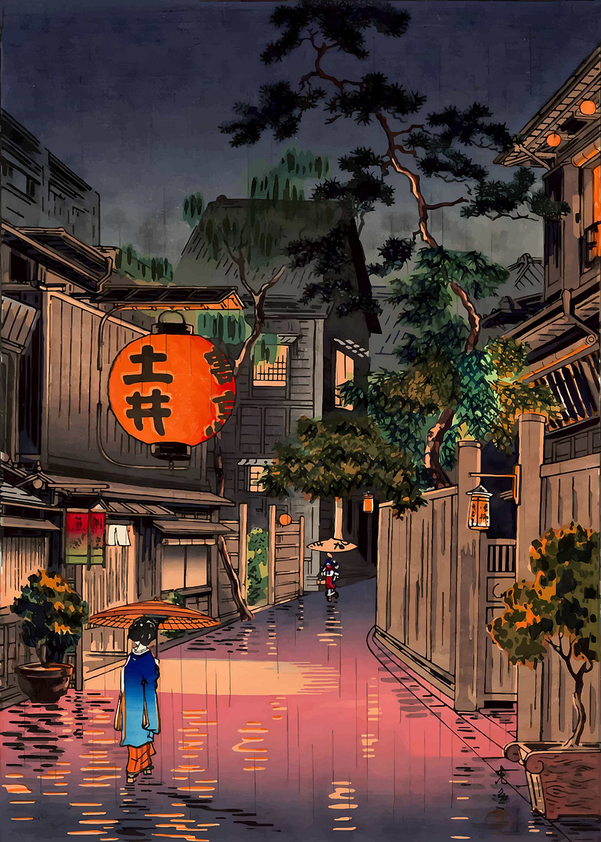 Ukiyo e Tokyo Rainy Street' Poster, picture, metal print, paint by