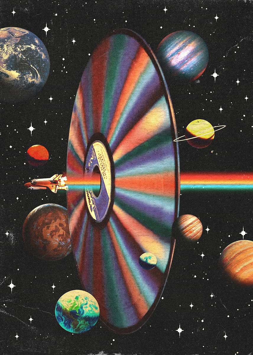 A spaceship is traveling through the hole of a colorful CD in space, sourounded by planets. A spaceship is leaving a rainbow trail.