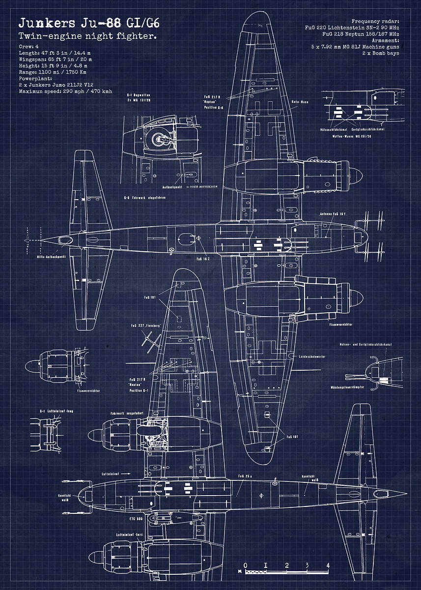 Junkers Ju88 G1 Blueprint' Poster, picture, metal print, paint by