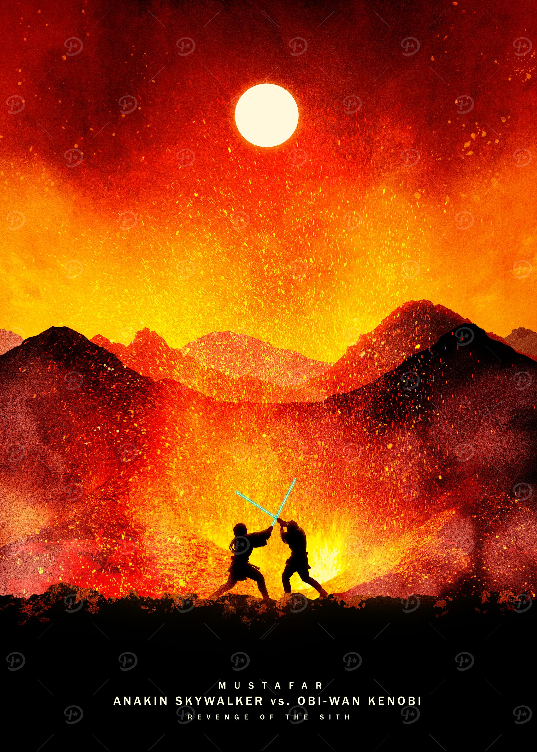 Immerse yourself in the heated drama of Mustafar, a digital masterpiece belonging to the Duels of Fate collection that artfully portrays a legendary duel between two revered characters from an iconic space saga. 