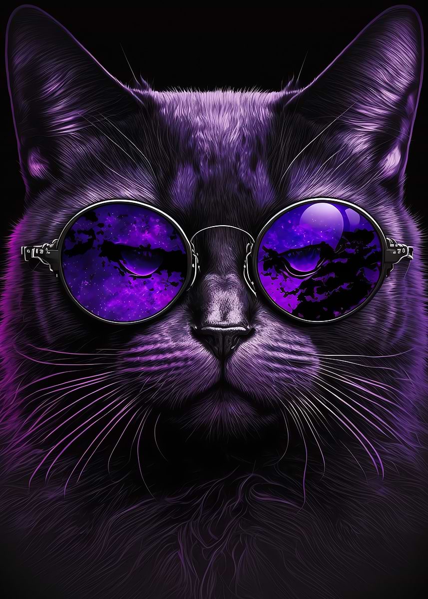 Purple Cat With Glasses' Poster, picture, metal print, paint by