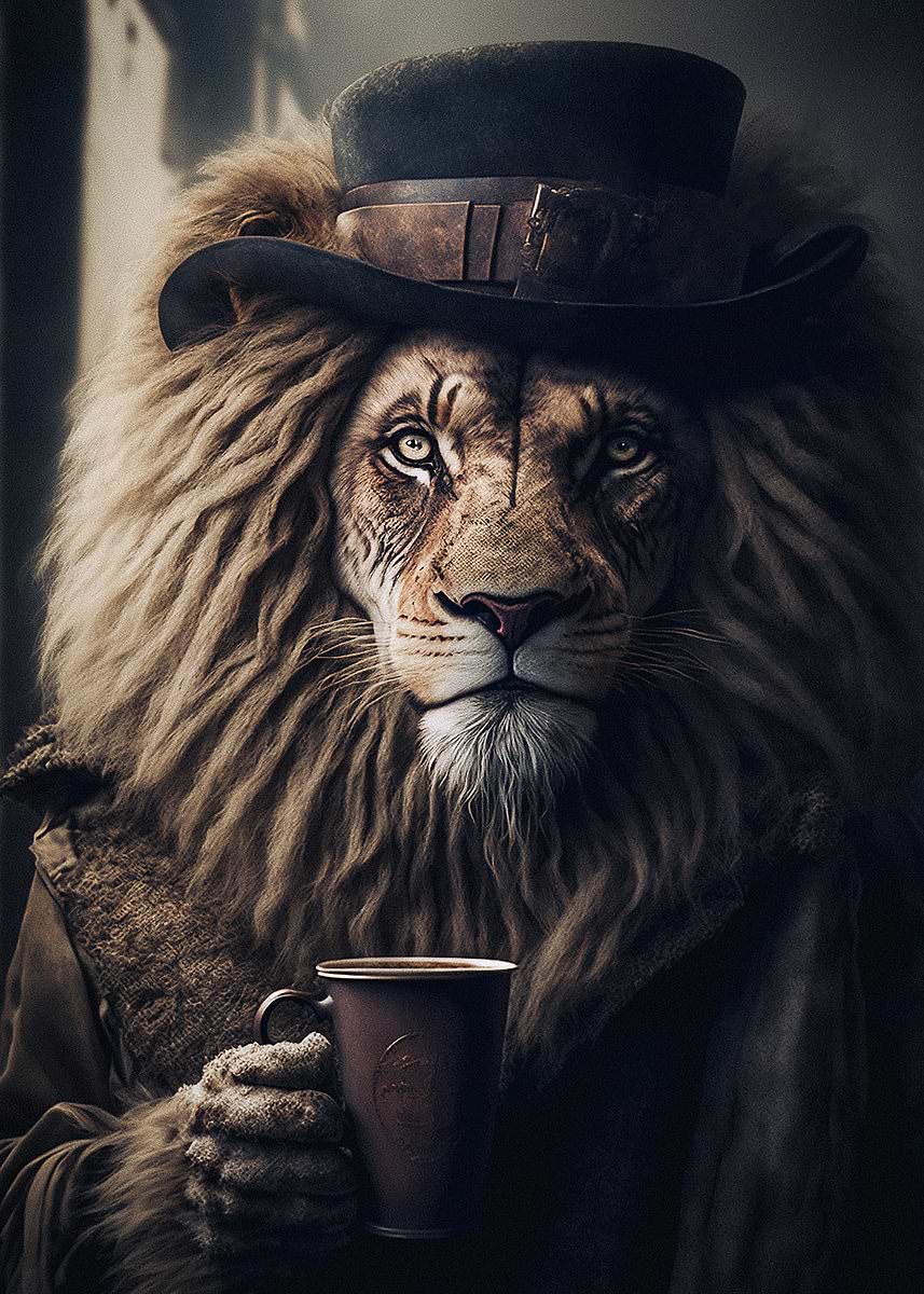 'Lion with Cup of Tea' Poster, picture, metal print, paint by Michael ...