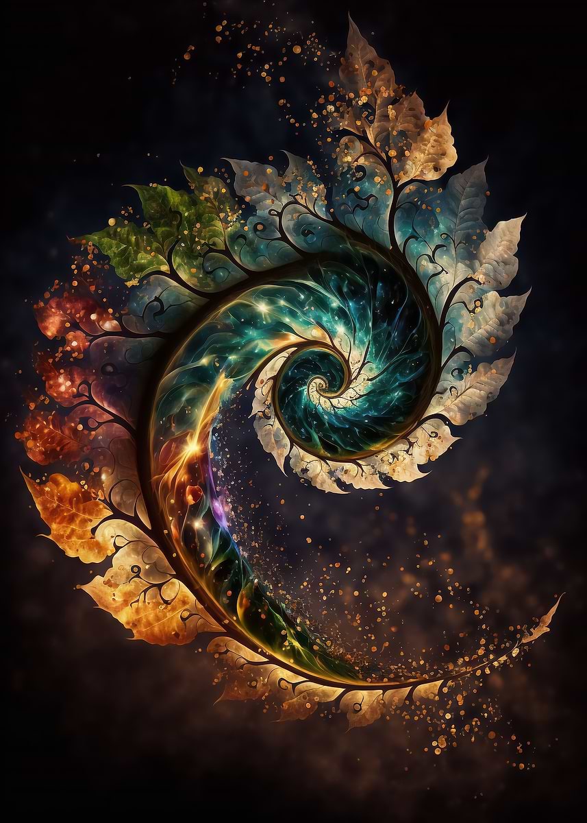 Cosmic Spiral Leaf — from the Galactic Garden collection, a Pixaverse metal print