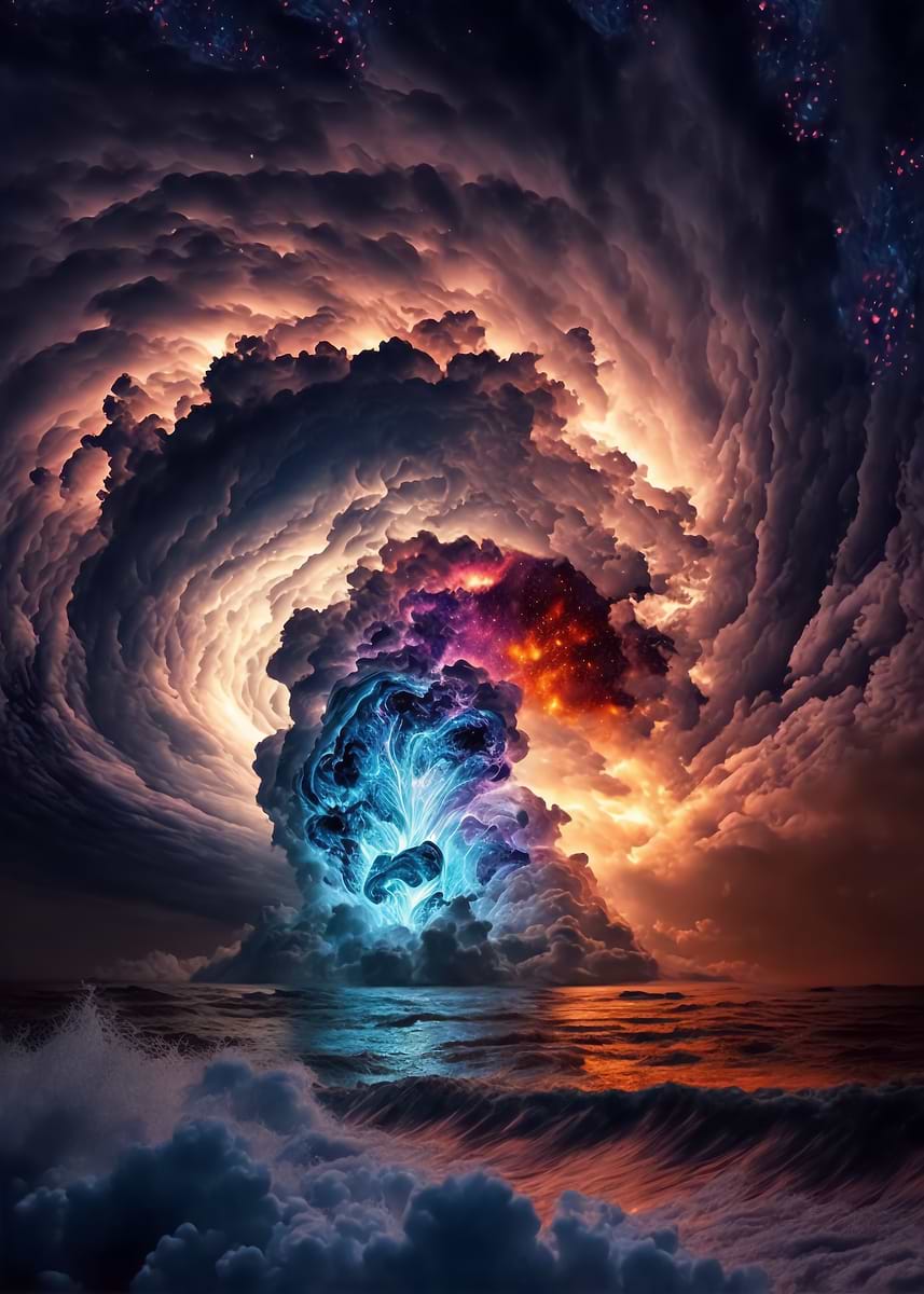 Sunset Beach Maelstrom — from the Alien Worlds collection, a Pixaverse metal print
