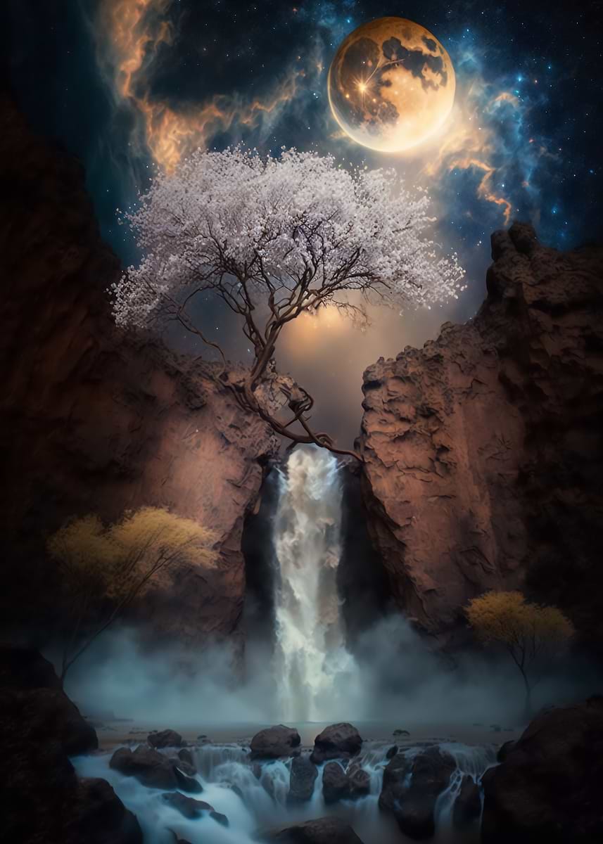 Mystic Waterfall — from the Alien Worlds collection, a Pixaverse metal print