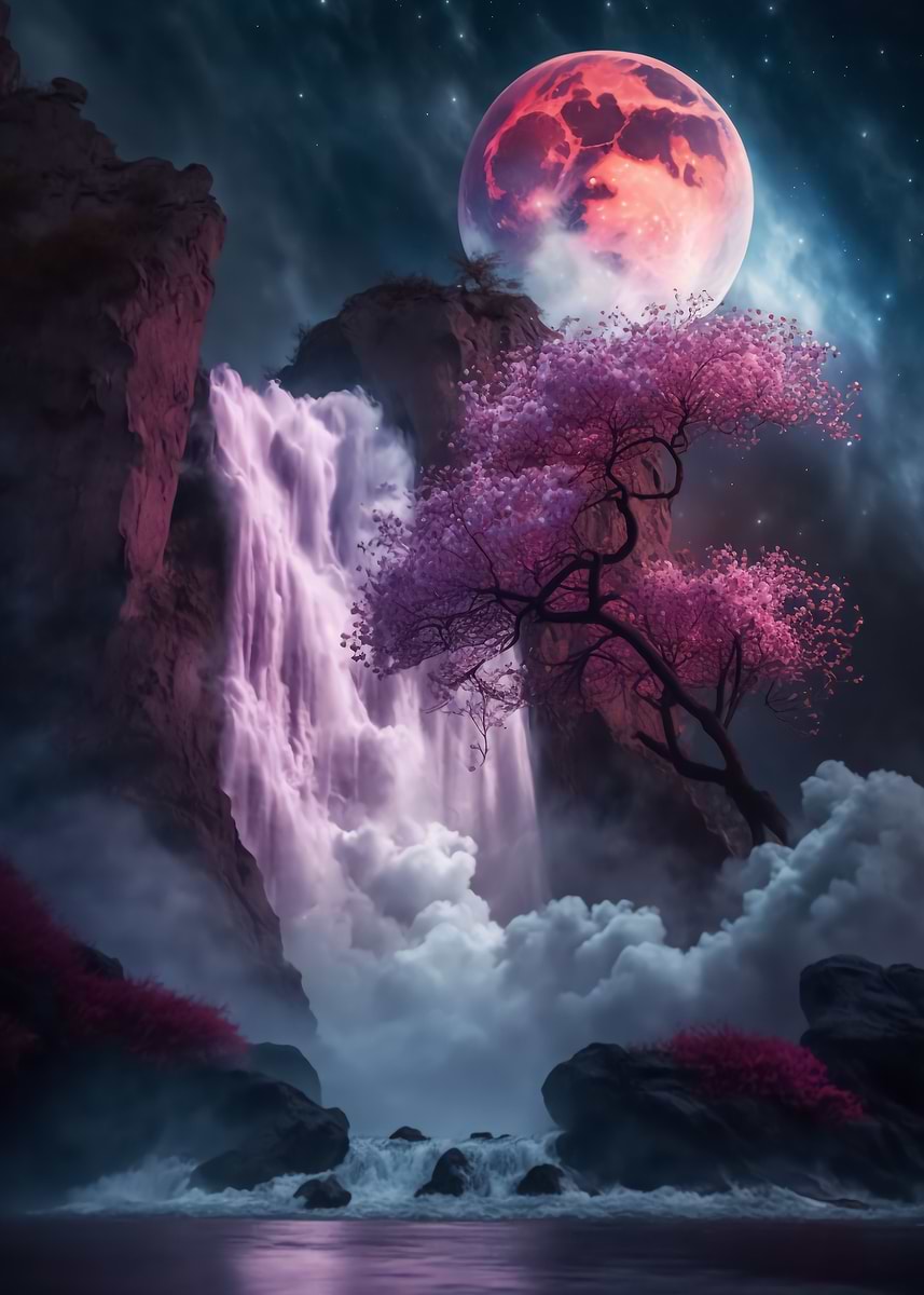 Sakura Waterfall — from the Alien Worlds collection, a Pixaverse metal print