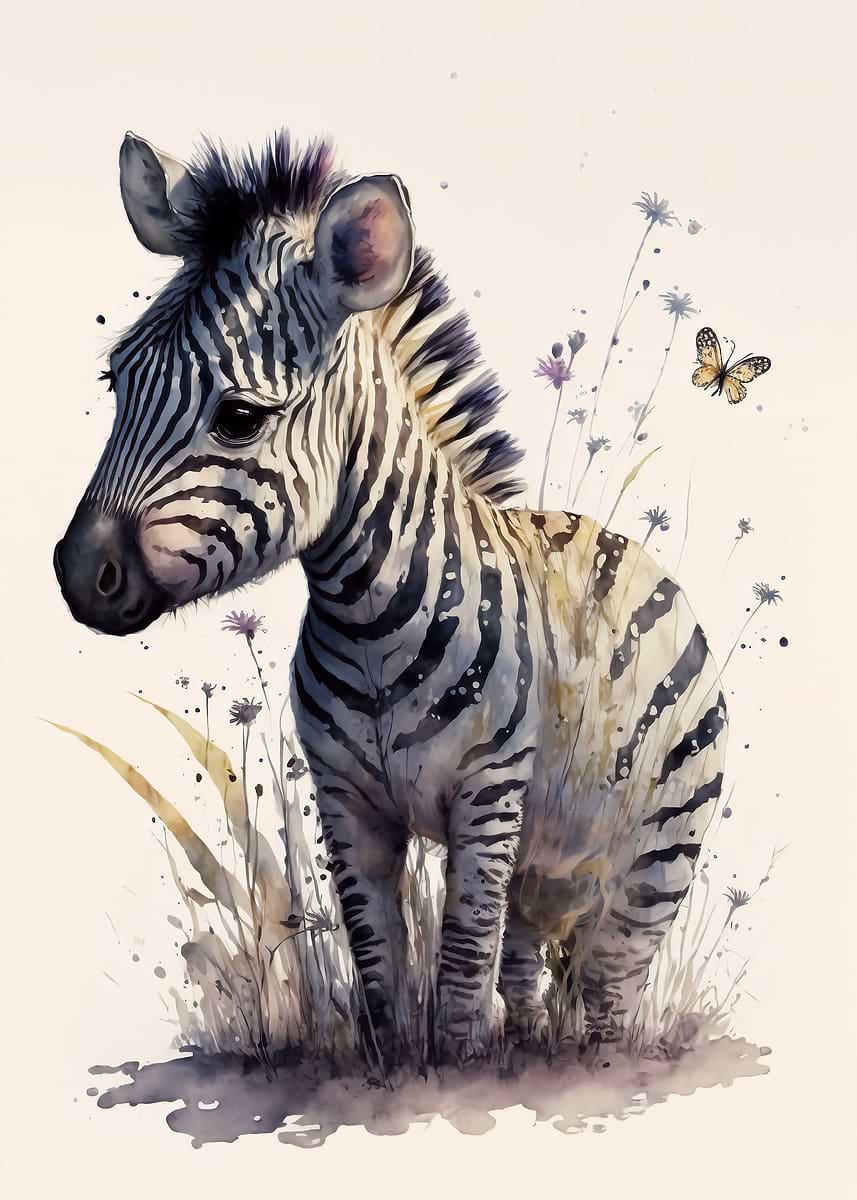 Cute Baby Zebra Painting — from the Baby Animals Watercolor collection, a Pixaverse metal print