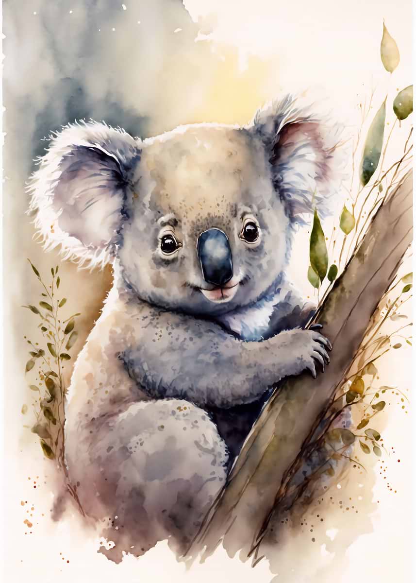 Cute Baby Koala Painting — from the Baby Animals Watercolor collection, a Pixaverse metal print