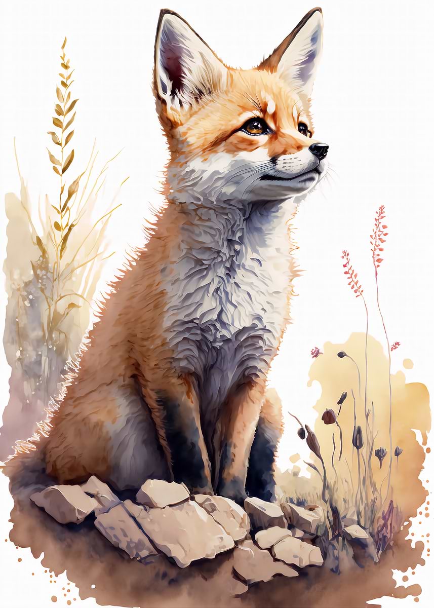 Cute Baby Fox Painting — from the Baby Animals Watercolor collection, a Pixaverse metal print