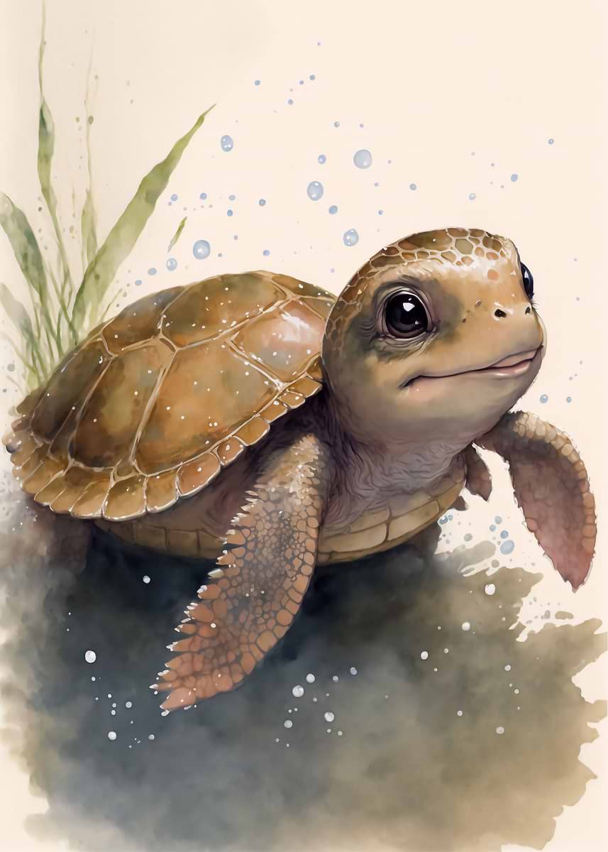 Cute Baby Turtle Painting — from the Baby Animals Watercolor collection, a Pixaverse metal print