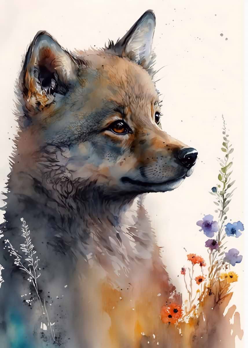Cute Baby Wolf Painting — from the Baby Animals Watercolor collection, a Pixaverse metal print