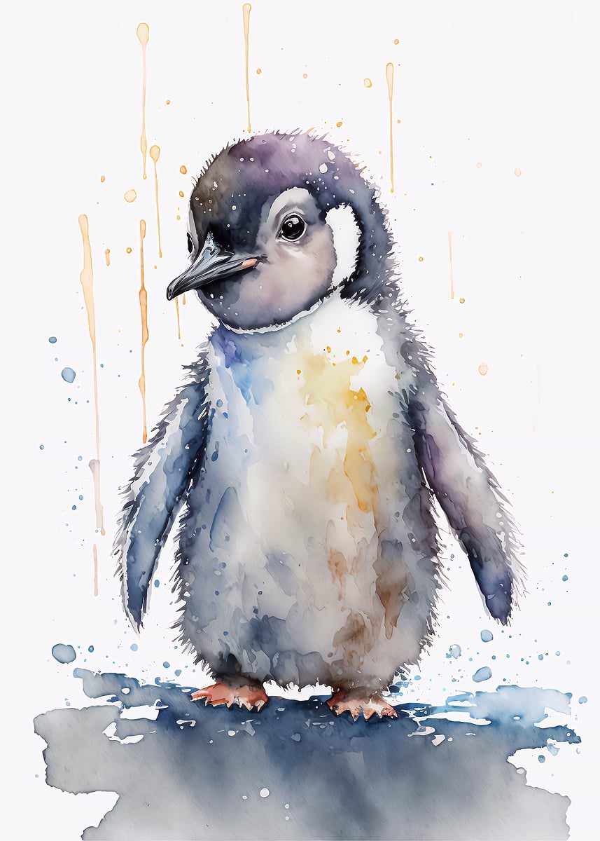 Cute Baby Penguin Painting — from the Baby Animals Watercolor collection, a Pixaverse metal print