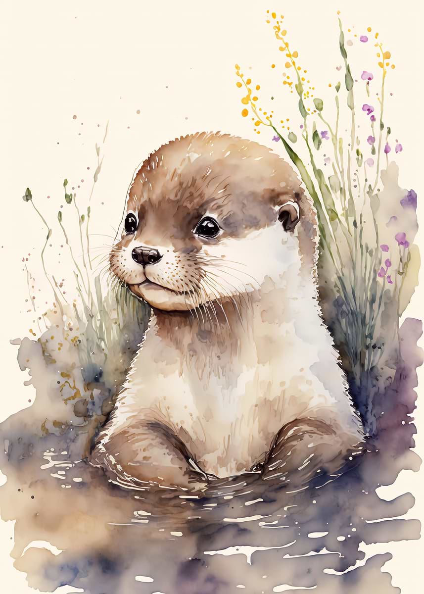 Cute Baby Otter Painting — from the Baby Animals Watercolor collection, a Pixaverse metal print