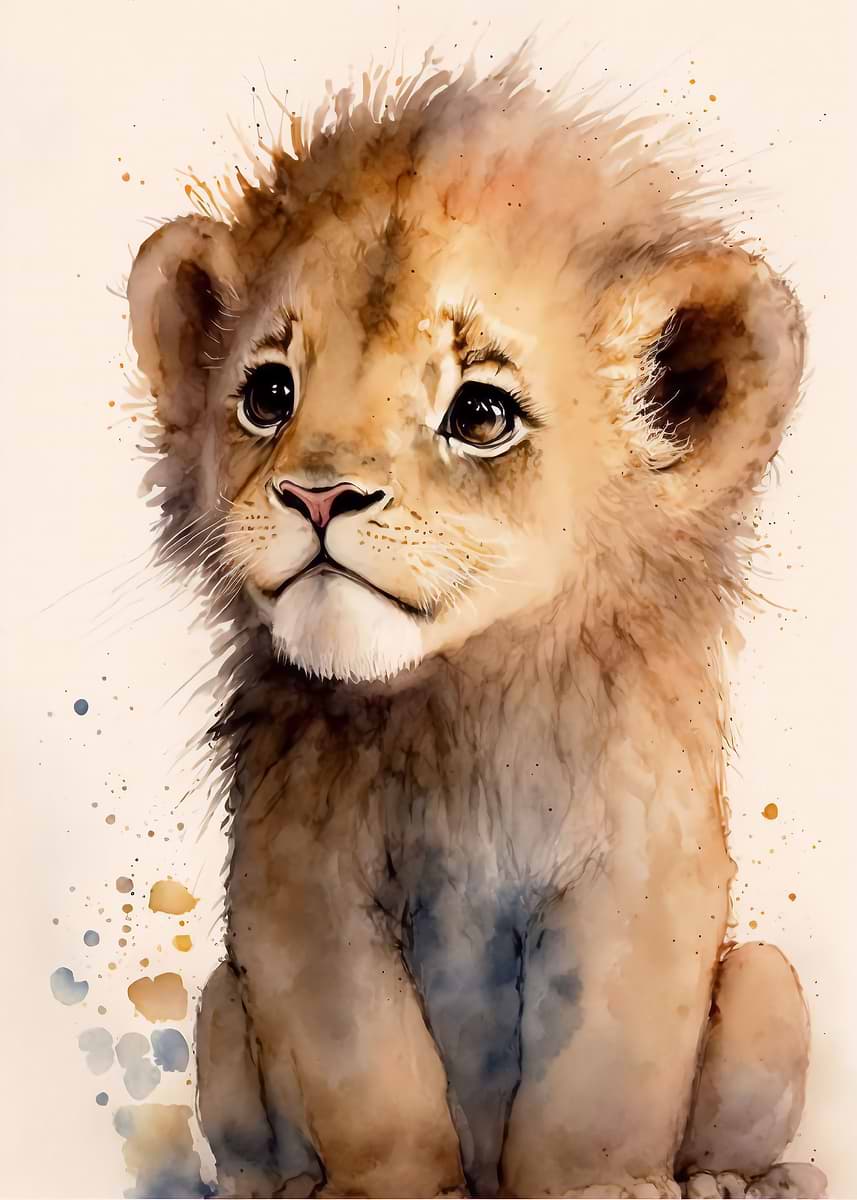 Cute Baby Lion Painting — from the Baby Animals Watercolor collection, a Pixaverse metal print