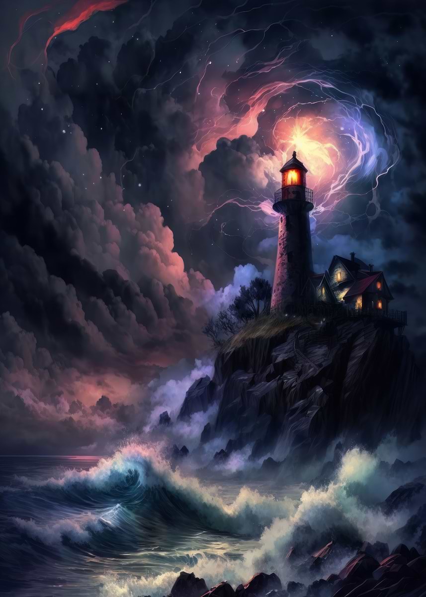'A Lighthouse in a Storm v4' Poster, picture, metal print, paint by ...