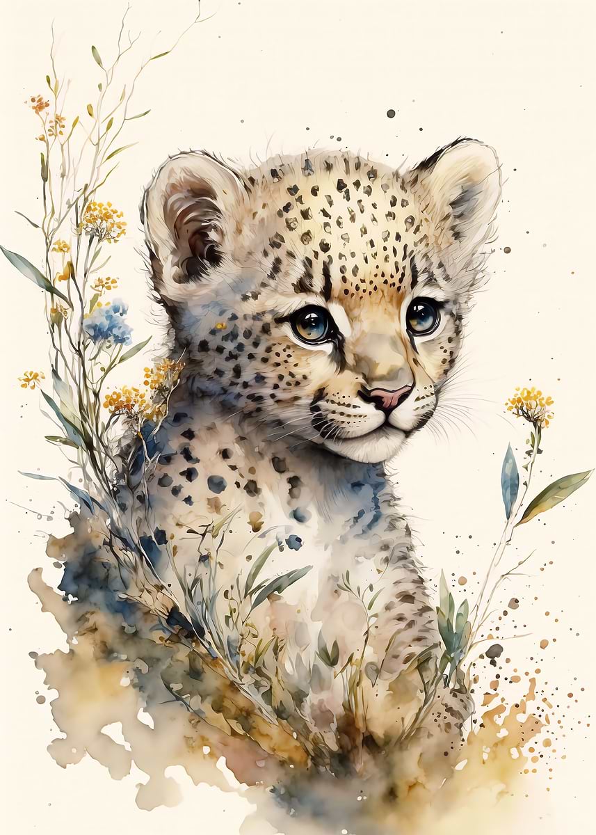 Cute Baby Cheetah Painting — from the Baby Animals Watercolor collection, a Pixaverse metal print