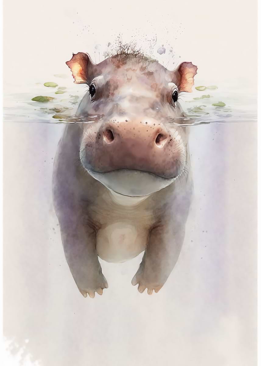 Cute Hippo Baby Painting — from the Baby Animals Watercolor collection, a Pixaverse metal print