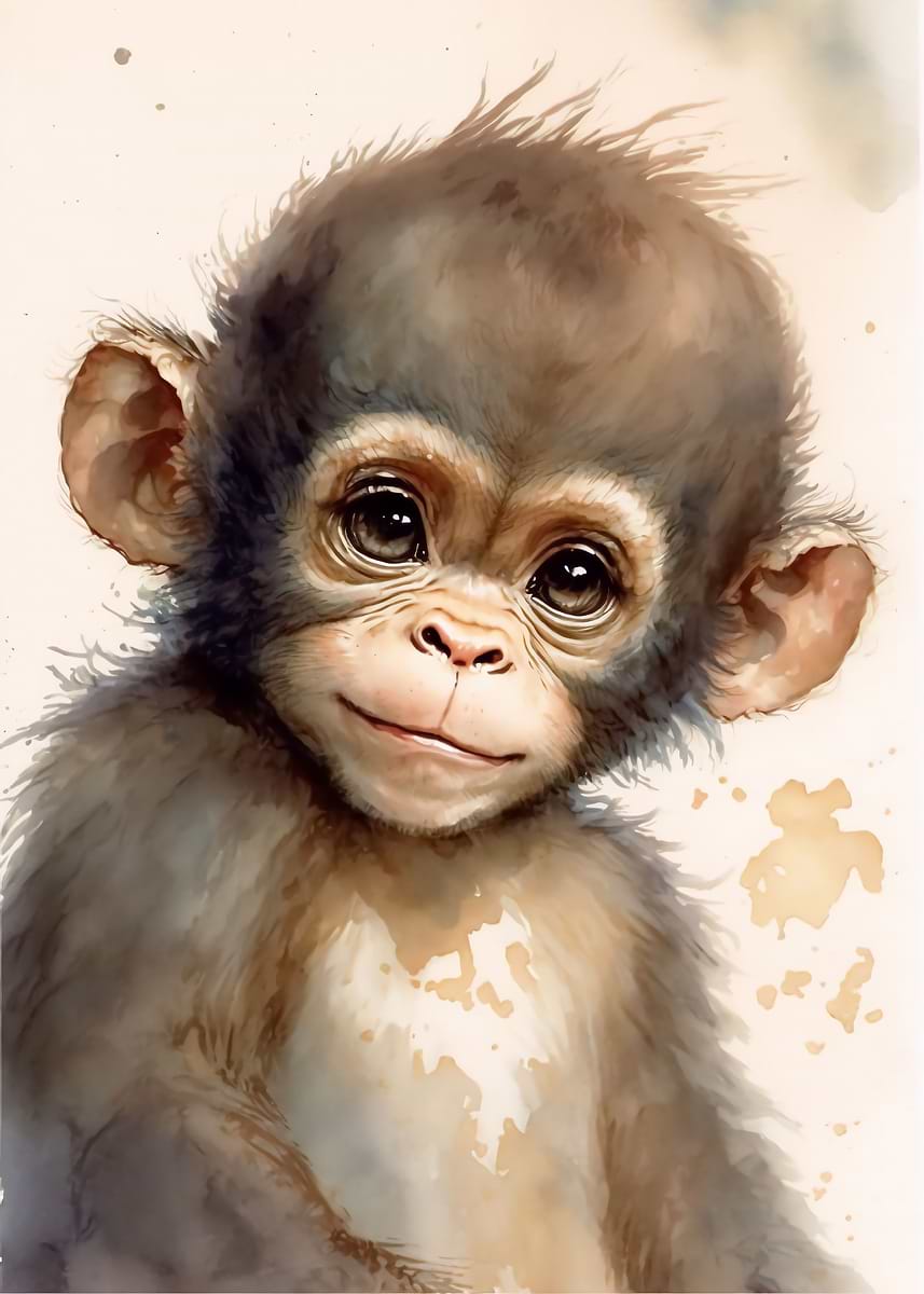 Cute Baby Monkey Painting — from the Baby Animals Watercolor collection, a Pixaverse metal print