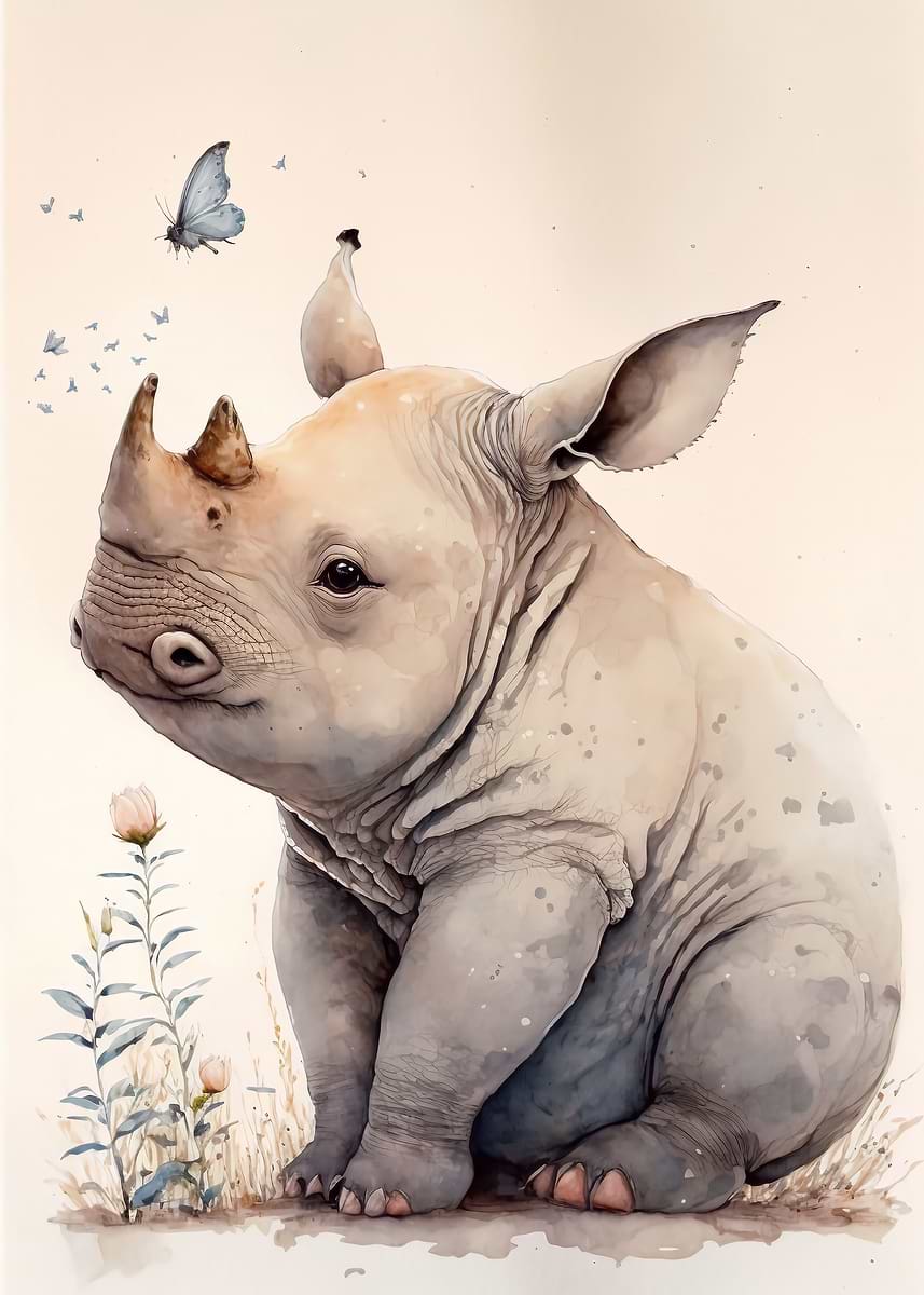 Cute Baby Rhino Painting — from the Baby Animals Watercolor collection, a Pixaverse metal print