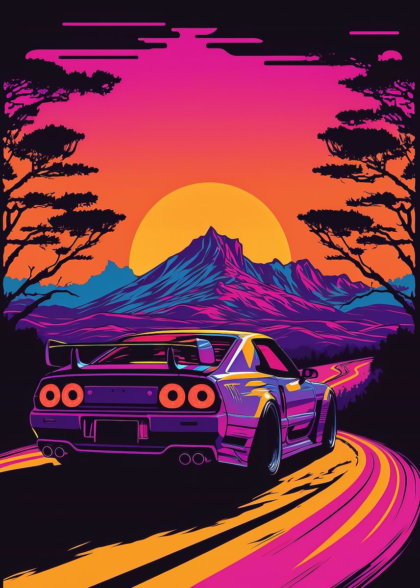 R32 Skyline Synthwave — from the Trending Cars Retro collection, a Pixaverse metal print