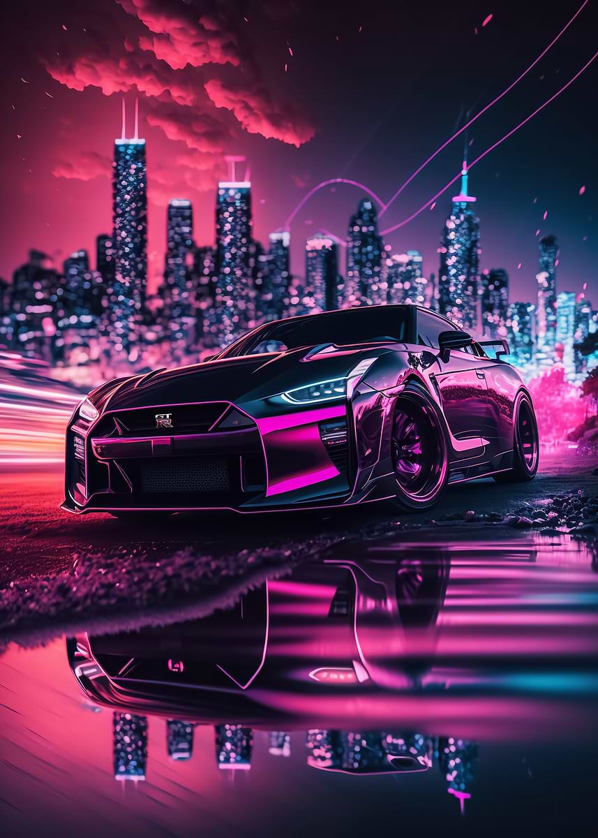 NISSAN GTR R35 Neon — from the Trending Cars Retro collection, a Pixaverse metal print