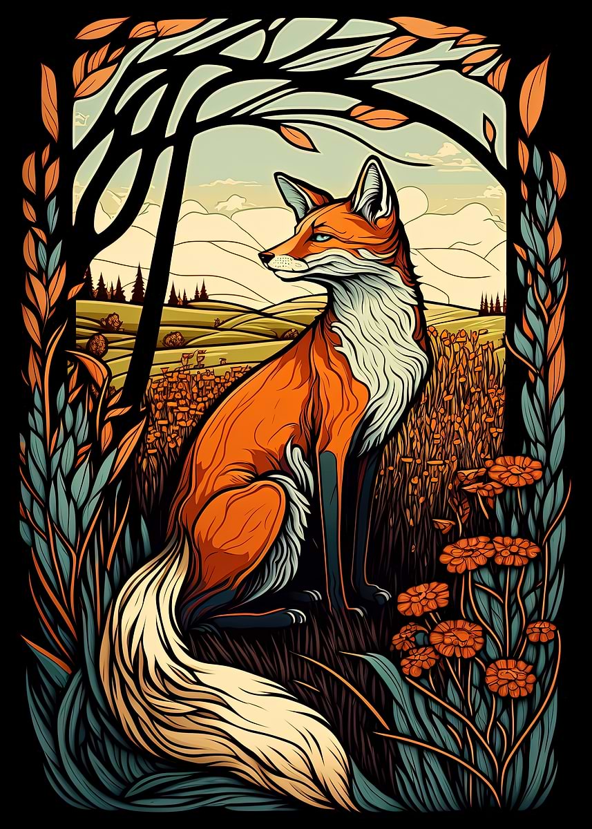 Fox Art Nouveau Wildlife' Poster, picture, metal print, paint by