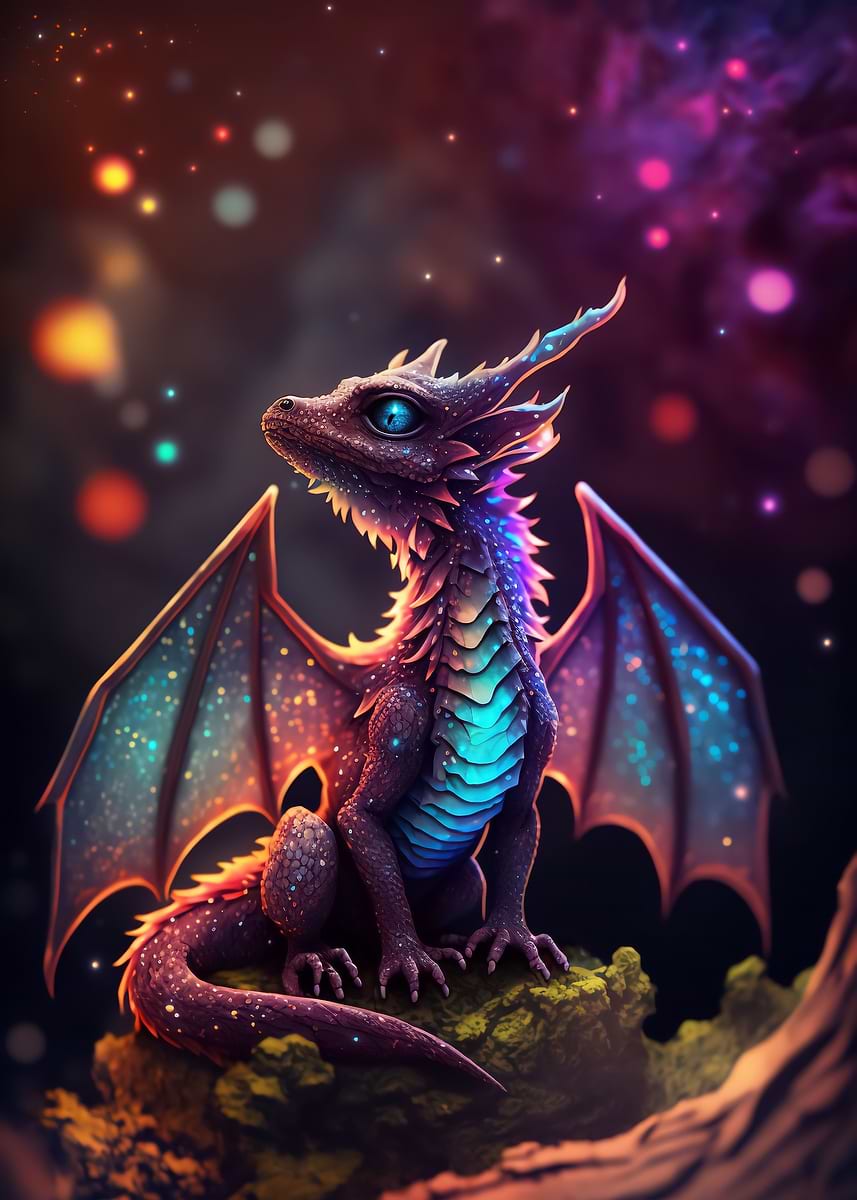 Rainbow Dragon Cub — from the Cosmic Creatures collection, a Pixaverse metal print