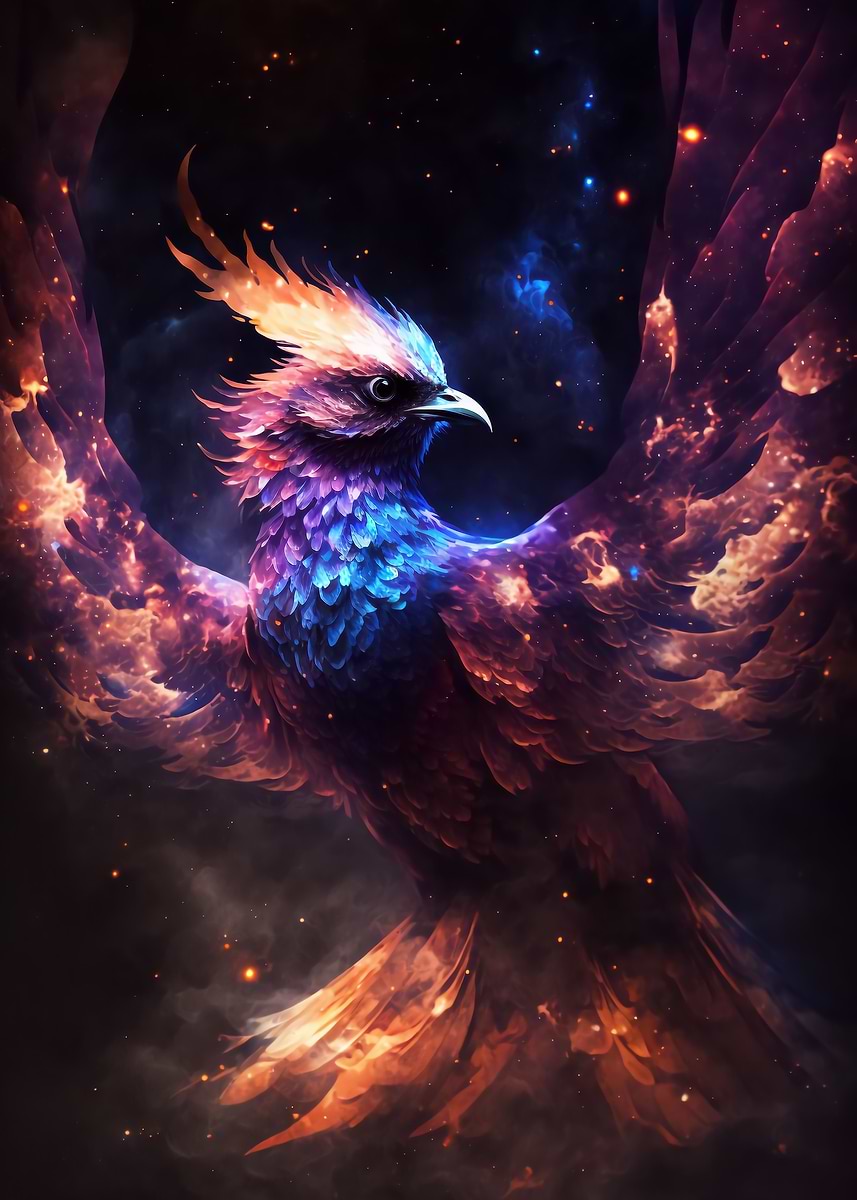Cosmic Phoenix Rising — from the Cosmic Creatures collection, a Pixaverse metal print