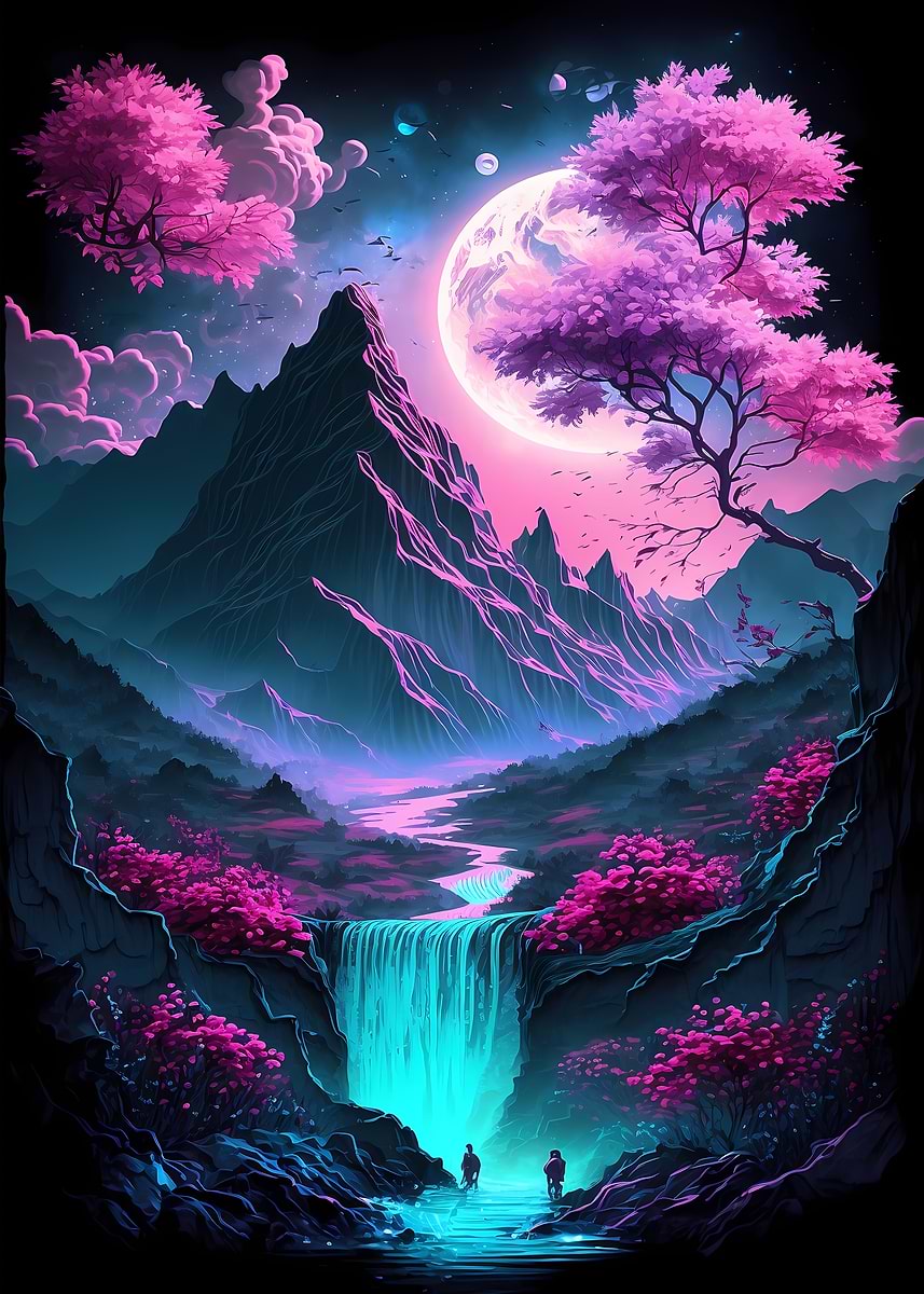 Vibrant neon colors depict Japanese scenery with cherry blossoms and mountains in this Displate artwork. Japanese Artwork and Wallart