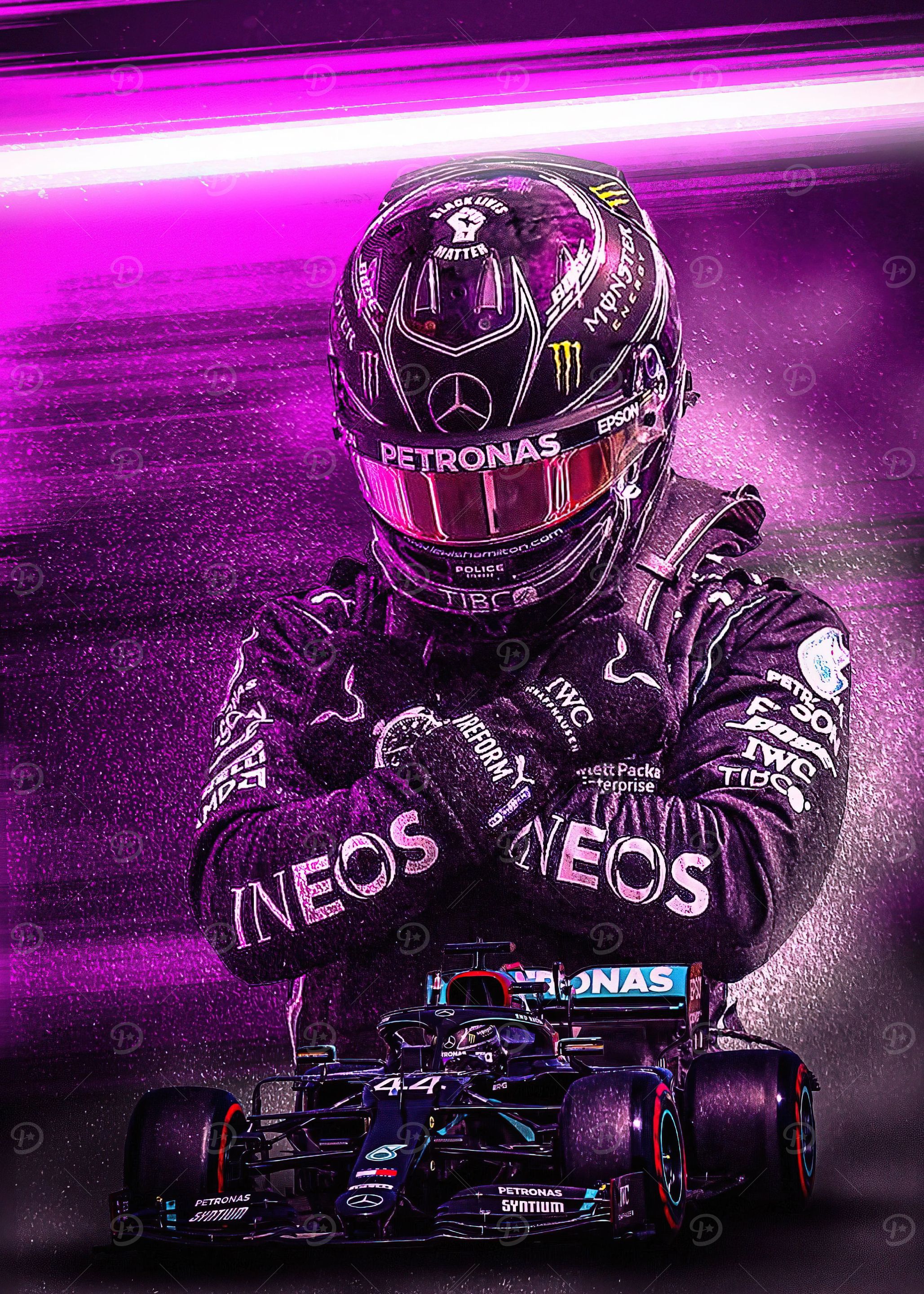 A digital portrait of Lewis Hamilton, a Formula 1 driver for the Mercedes team. He is wearing his racing helmet and is making a peace sign with his fingers.