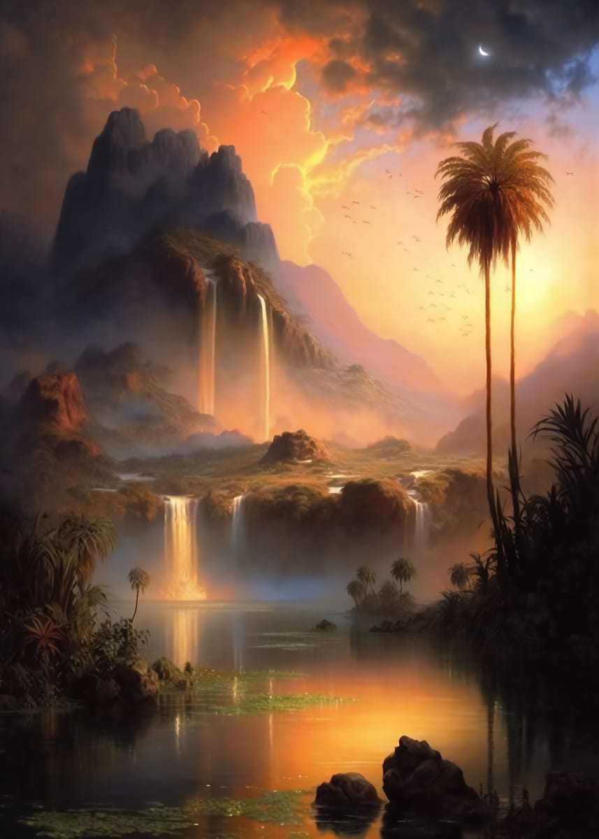 The Mountain Oasis — from the Alien Worlds collection, a Pixaverse metal print
