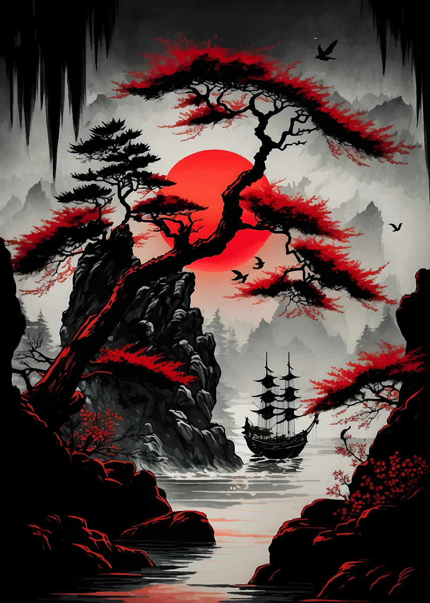 Red Moon Japan' Poster, picture, metal print, paint by