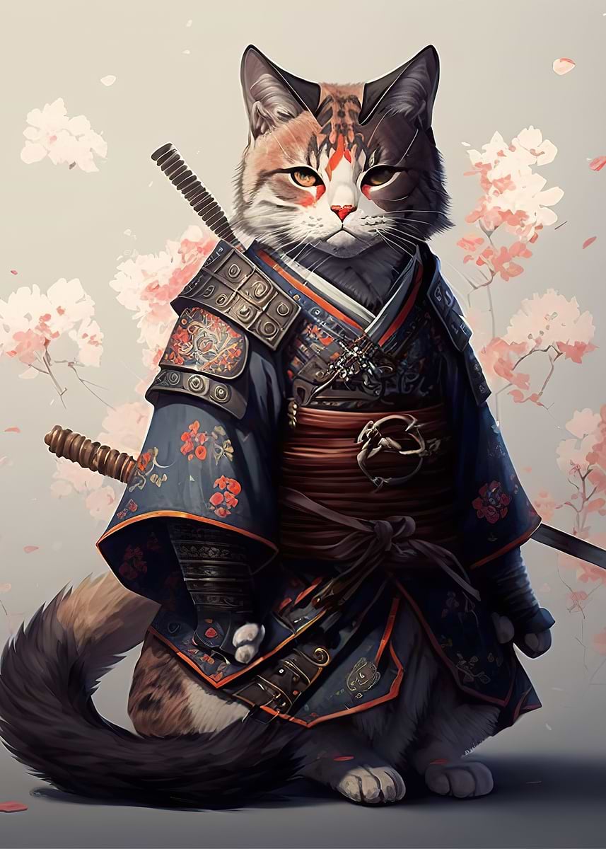 Samurai Cat ' Poster, picture, metal print, paint by EPL Retro